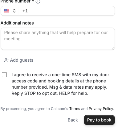 Screenshot of the Cal.com booking form on muskiemeeting.com showing the phone number field and the SMS consent checkbox