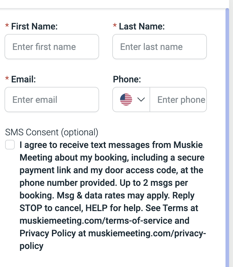 Muskie Meeting booking form: First Name, Last Name and Email marked required; Phone not required; an unchecked SMS Consent (optional) checkbox below